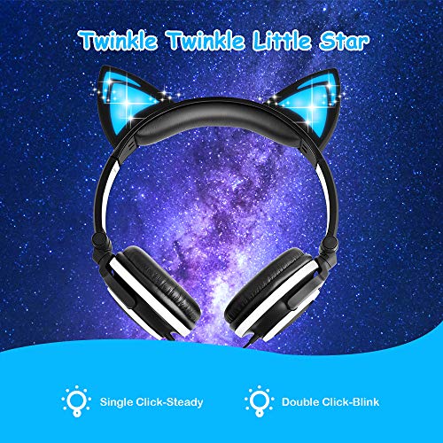 Esonstyle Kids headphones Over Ear with LED Glowing Cat Ears,Safe Wired Kids Headsets 85dB Volume Limited, Food Grade Silicone, 3.5mm Aux Jack, Cat-Inspired Pink Headphones for Girls (black)