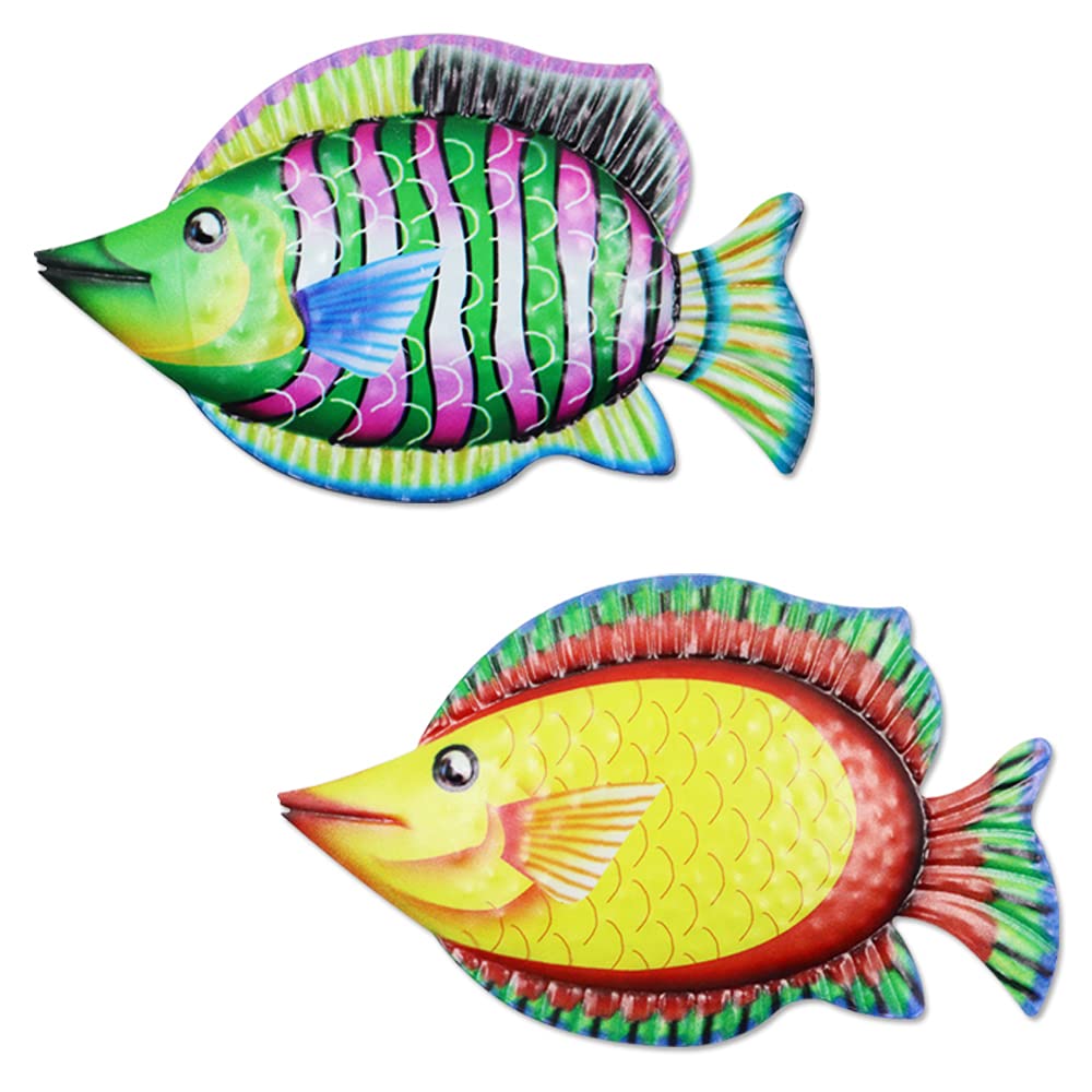 N\A 2Pcs Metal Fish Wall Art Decor, Metal Fish Wall Sculptures, Ocean Themed Metal Art Wall Decor, Metal Tropical Fish Art Wall Decoration (Green, Yellow)