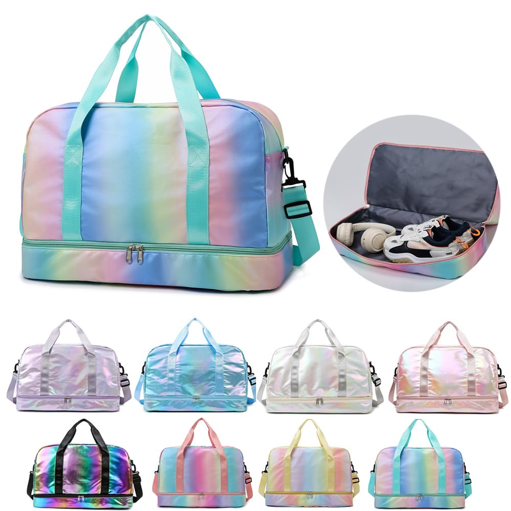 Sports Duffel Bags, Gym Bag with Shoes Compartment& Wet Pocket, Waterproof Weekender Overnight Bag Travel Duffle Bag (Gradient Green)