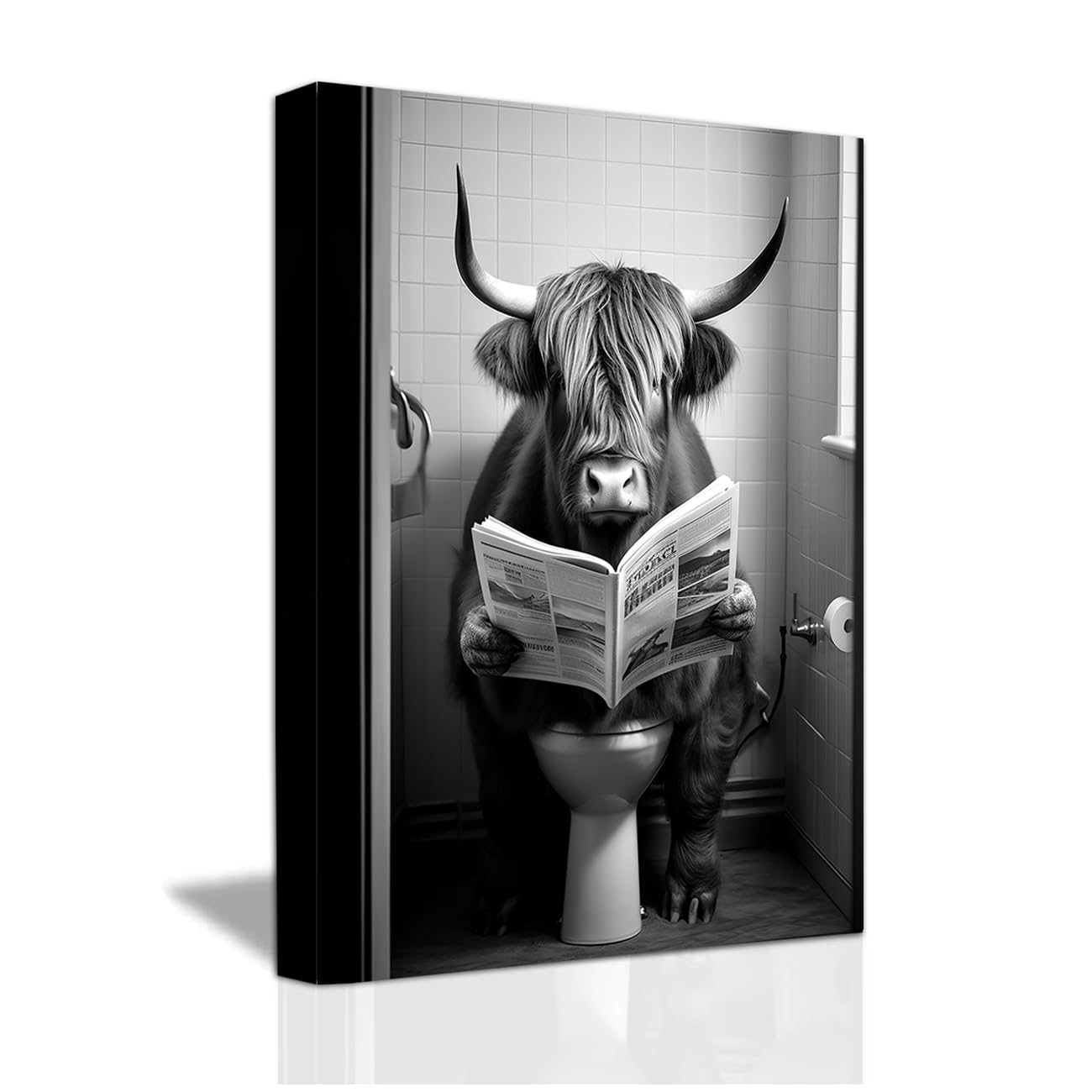 LZIMU Funny Bathroom Wall Decor Cute Highland Cow Sitting on Toilet Reading Newspaper Canvas Prints Black and White Animals Posters Framed (Bathroom-5, 12"x18" (30.00 x 45.00 cms))