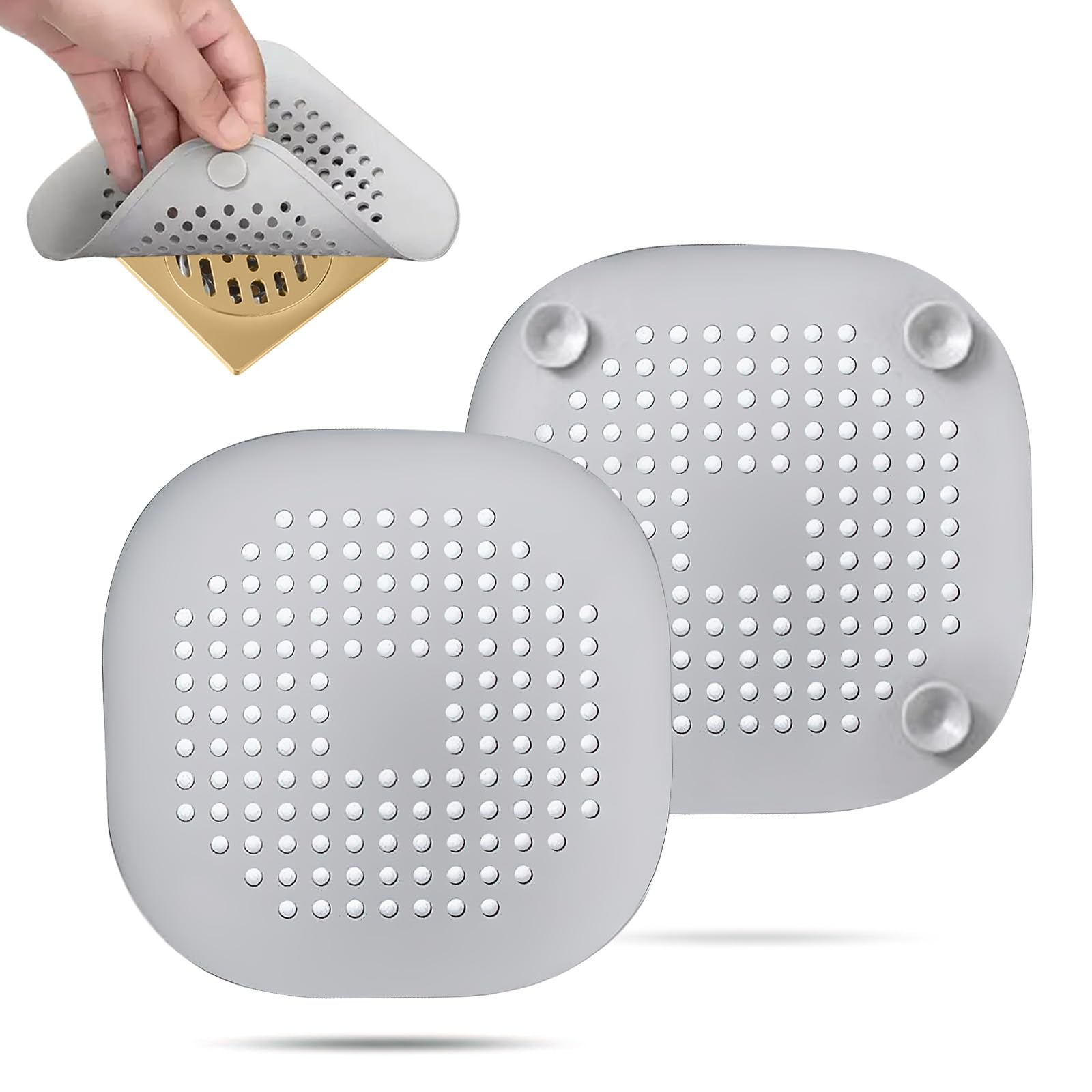 Photo 1 of 2 Pack Hair Drain Catcher,Square Drain Cover for Shower Silicone Hair Stopper with Suction Cup,Easy to Install Suit for Bathroom,Bathtub,Kitchen (Sliver Grey)