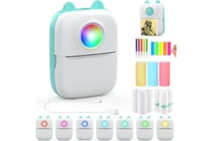 HuiJuKeJi Inkless Sticker Printer 7-Color Light Mini Thermal Printer,10 Rolls Thermal Paper,Color Pen for iOS&Android,Bluetooth Pocket Portable Receipt Printer for Photo Journal Notes Memo-Blue