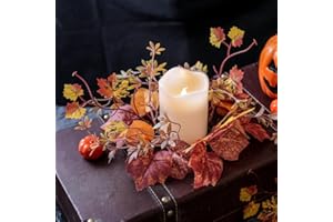 JOYAVO Set of 2, Fall Candle Wreaths Rings for 3 Inch Wide Pillar Candles, Artificial Maple Leaves Candle Rings Small Wreaths for Autumn Harvest Festival Thanksgiving Halloween Table Decor