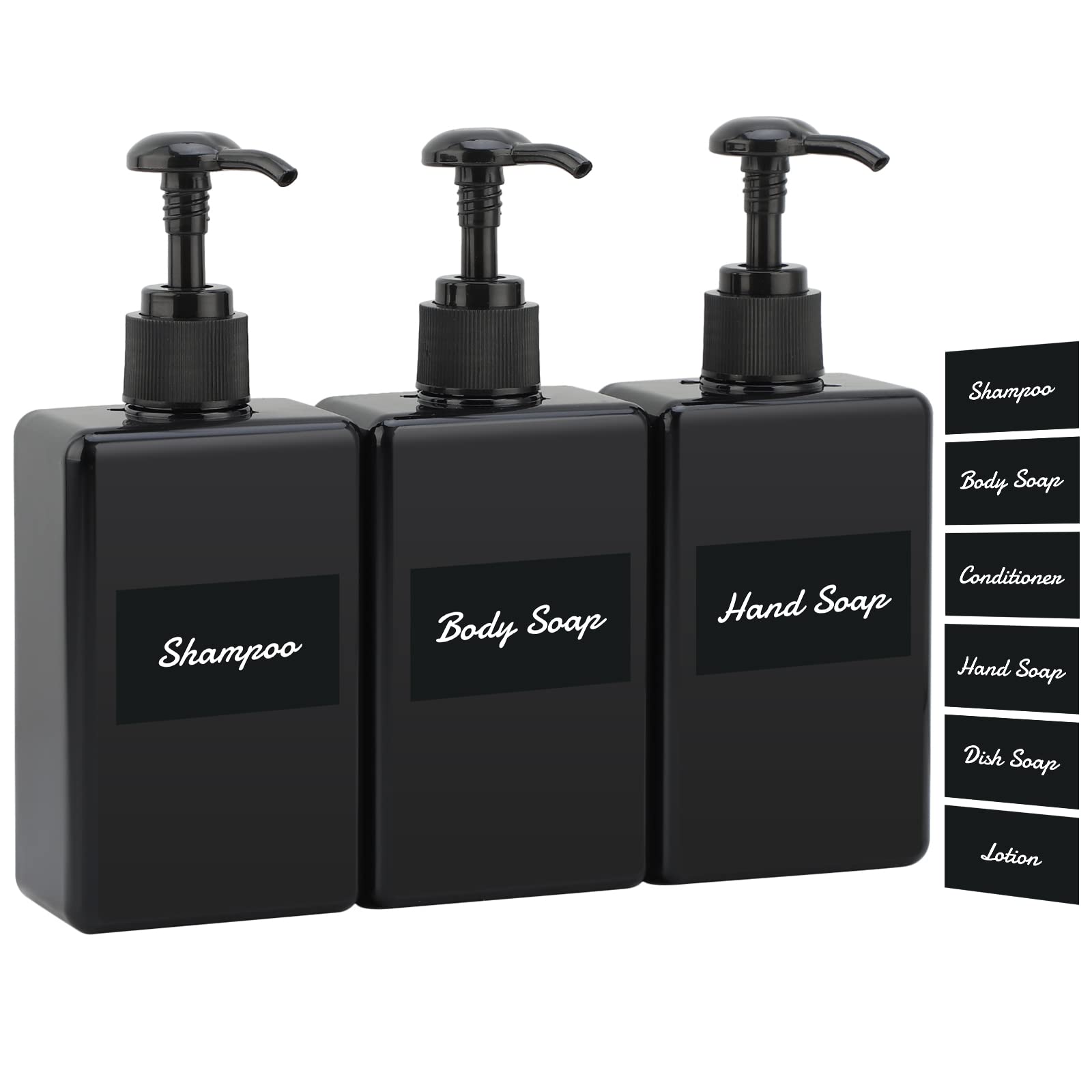 Segus Black Soap Dispenser, 3 Pieces 280ml Shampoo and Conditioner Dispenser, Plastic Hand Wash Bottle, Refillable Shower Gel Bottle, for Soap and Lotion