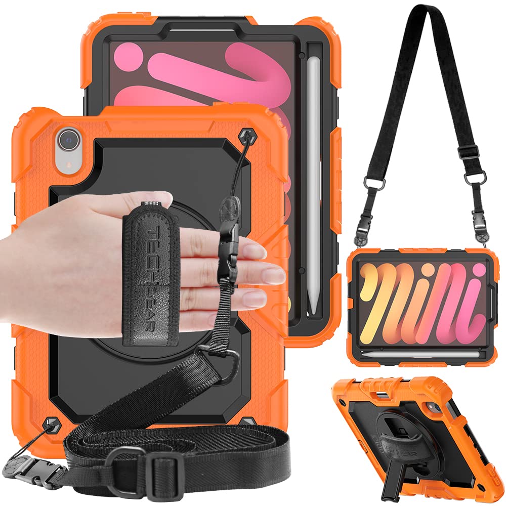 TECHGEAR UTILITY Case for iPad Mini 7/6, 8.3" - Tough Rugged HEAVY DUTY Armour Shockproof Case with 360 Rotating Stand, Hand and Shoulder Strap - Orange