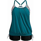 Holipick Green Plus Size Tankini Swimsuits for Women Two Piece Tummy Control Bathing Suit Blouson Tankini Top with Shorts 18W