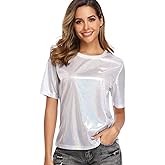 WUDODO Women's Shiny Tops Holographic Metallic Shirts Sparkles Ultra Soft Glitter Blouse