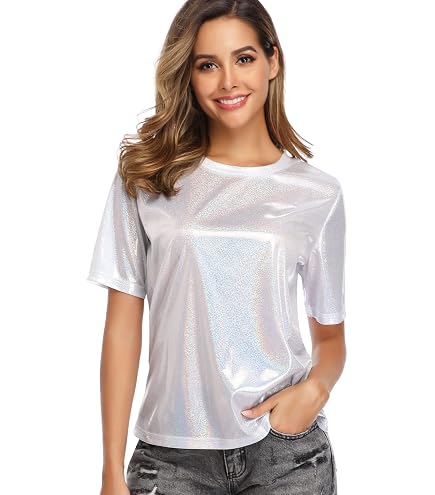 トップス Batlogue Glitter Tshirt andy & natalie Women's Shiny Top Holographic Metallic Shirt