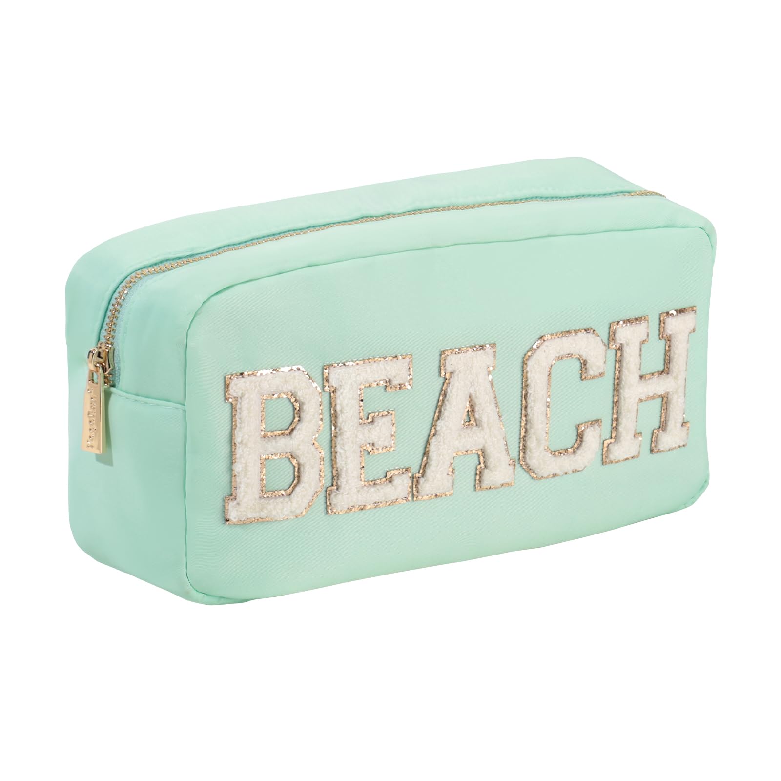 Makeup Bag Beach Chenille Letters Travel Toiletry Bag for Women YogoRun Portable Cosmetic Bag with 3 Pockets for Valentine Day Gifts Water-Resistant Nylon (L,Mint-Beach)