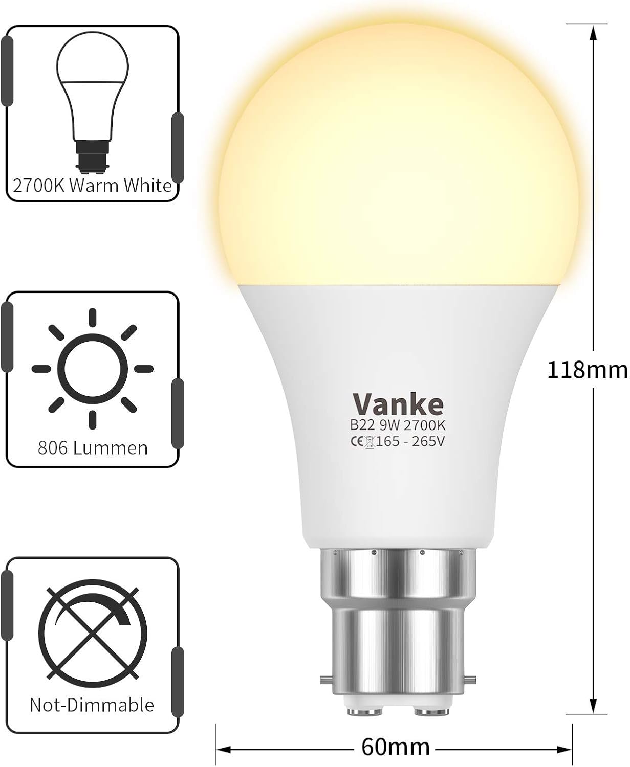 Vanke Bayonet Light Bulb 60w Equivalent, B22 LED Bulbs Warm White 2700K, Non-Dimmable 9w Energy Saver Lightbulb, 806 Lumen, 3-Pack - Image 3