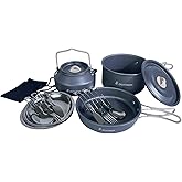 Dinithron 13-Piece Camping Cookware Set for 2, 2 L Pot &amp; 1.1 L Kettle | 0.7 L frying pan, tableware for two, hard-anodized aluminum, silicone handles, 690 g total weight and nesting storage