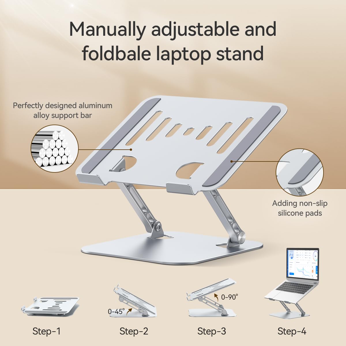 LINTYLE MacBook Stand for Desk Laptop Stand Foldable Notebook Holder 10-17 Inch MacBook PC Computer Stand Laptop Riser Stand Adjustable Height Laptop Stands for Desk - Silver - Image 4