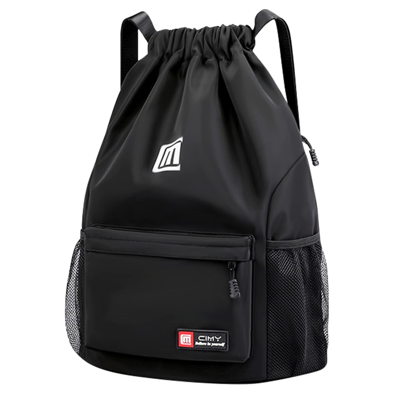 Pystuvo Drawstring Gym Bag, Large Drawstring Bags With Mesh Pockets Water, Nylon Waterproof Drawstring Bag Gym Bag Drawstring With Outside Zipper For Sports Holidays Swimming Travel,Black