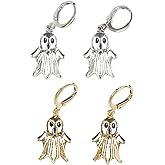 2Pairs Halloween Ghost Earrings for Women Cute Hoop Earrings Gold Silver Dangle Drop Earring Scream Huggie Earring Funny Halloween Jewelry