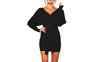Mansy Women's Sexy Cocktail Batwing Long Sleeve Backless Mock Wrap Knit Sweater Mini Dress
