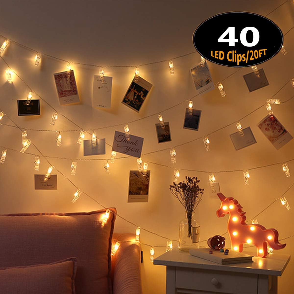 LLOP Photo Light String,Battery Powered Fairy Lights with Clips for Christmas Decoration Wedding Birthday Party Festival(10ft 20LEDS/20ft 40LEDS)