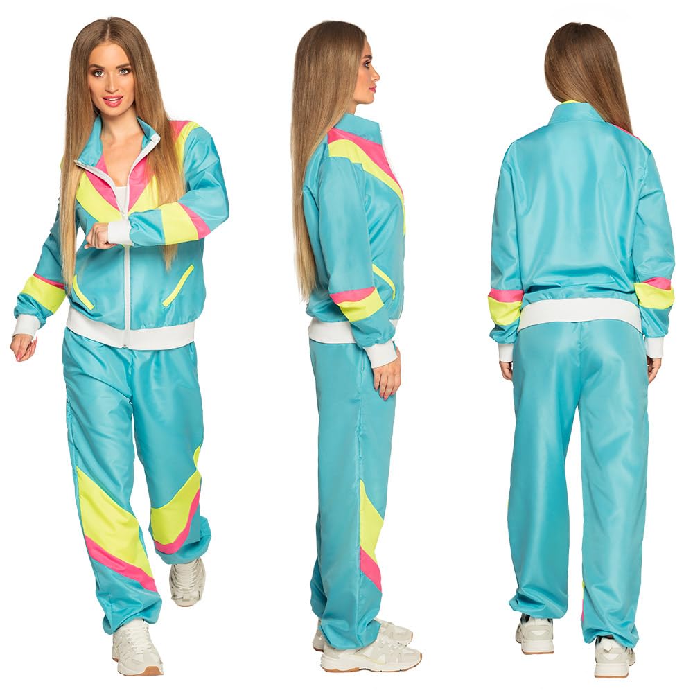 Boland - Costume for adults 80s tracksuit with pockets, jacket and trousers, jogging suit, bachelor party, retro style, athlete, group costume, adults, theme party, carnival, multicoloured, L