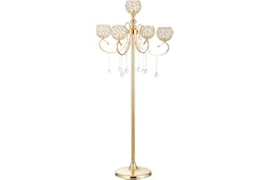 BIGSEE Gold Floor Candelabra for centerpieces, 45.3in Tall 5-Branch Candle Holder with Crystal Beaded Chandelier Holder Stand for Wedding Aisle Party Ceremony Christmas Decoration