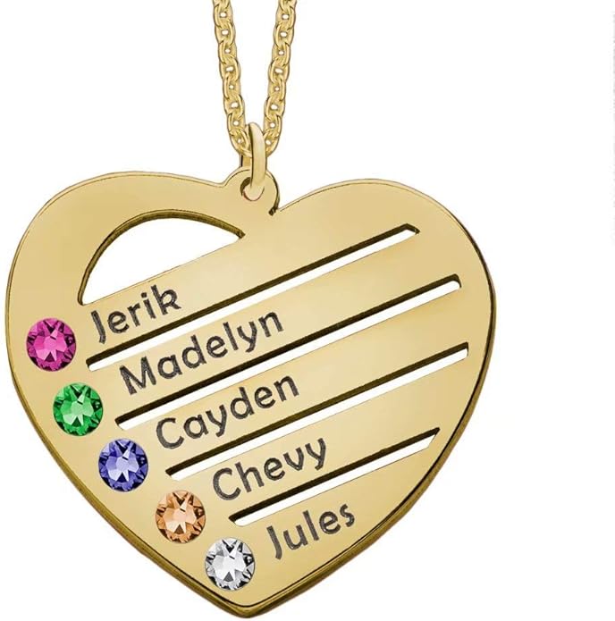 Family Birthstone Necklace Heart Name Necklace Custom Engraved 5 Kids
