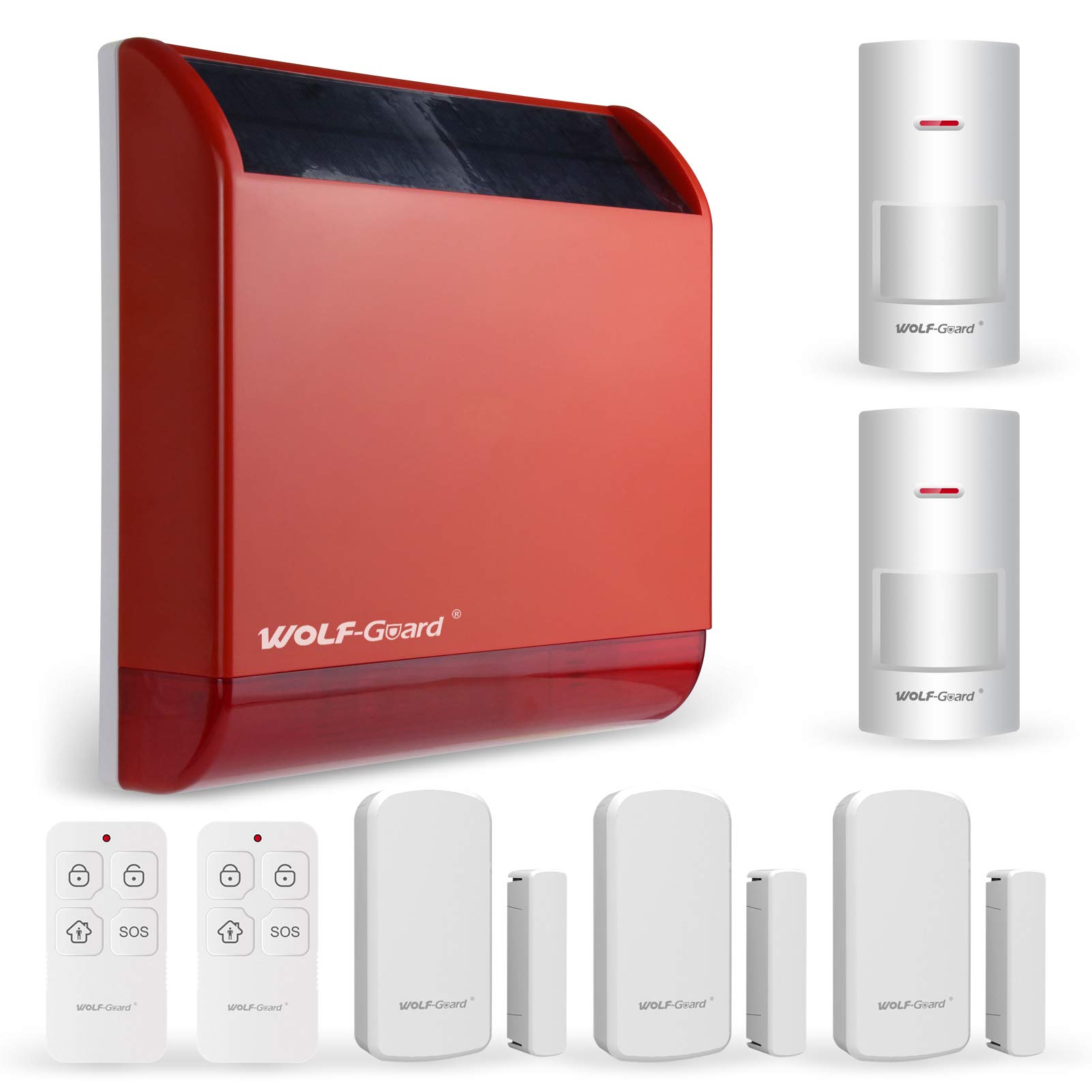 Wolf Guard LB-12T1 Siren Alarm Outdoor with 2 Motion Sensors, 3 Door Sensors, 2 remote controller(110dB)