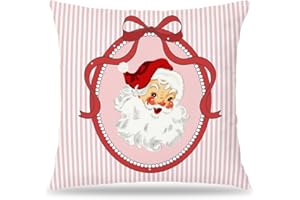 Pleonox Coquette Red Bow Christmas Santa Pillow Covers 18x18, Preppy Christmas Decor, Girly Xmas Santa Claus Pink Striped Decorative Throw Pillow Covers for Girls Dorm Room Apartment