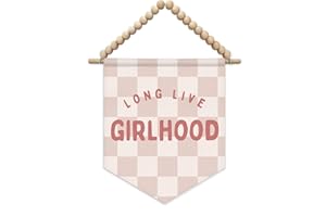 SJDFCSA Pink Girl Nursery Wall Art Decor, Girls Room Decor, Long Live Girlhood Boho Pink Checkered Wall Hanging Display Pennant Flag for Kids Girls Nursery Toddler Room Bedroom Playroom