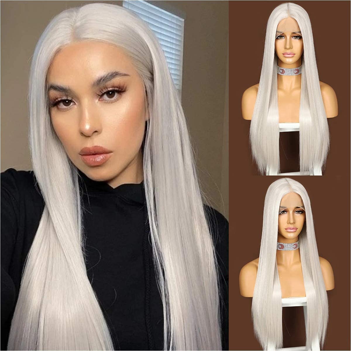 Sapphirewigs Platinum Grey Long Straight Wig for Women Lace Front Wigs with Middle Part Straight Japanese Synthetic Hair Party Christmas 150% Density 26inch