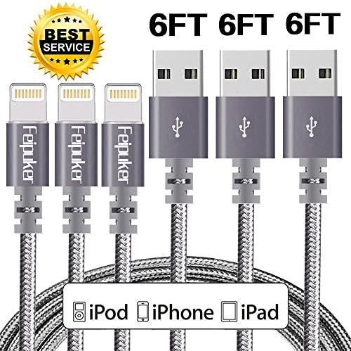 Lightning cable, FEIPUKER (6FT) Nylon Braided Charging Cable Cord Lightning to USB Cable Charger Compatible for IPhone 7/ 7 Plus/6/6s/6 plus/6s plus/ 5c/5s,iPod, iPad, and More (3 PACK Gray)