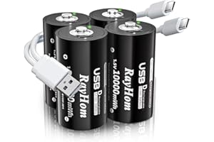 RayHom USB Rechargeable Lithium D Cell Batteries - 4 Pack D Li-ion Battery with 2 USB-C 2-in-1 Charging Cable, 1.5V 10000mWh, Quick Charges 2 Hours, Over 1000+ Cycles