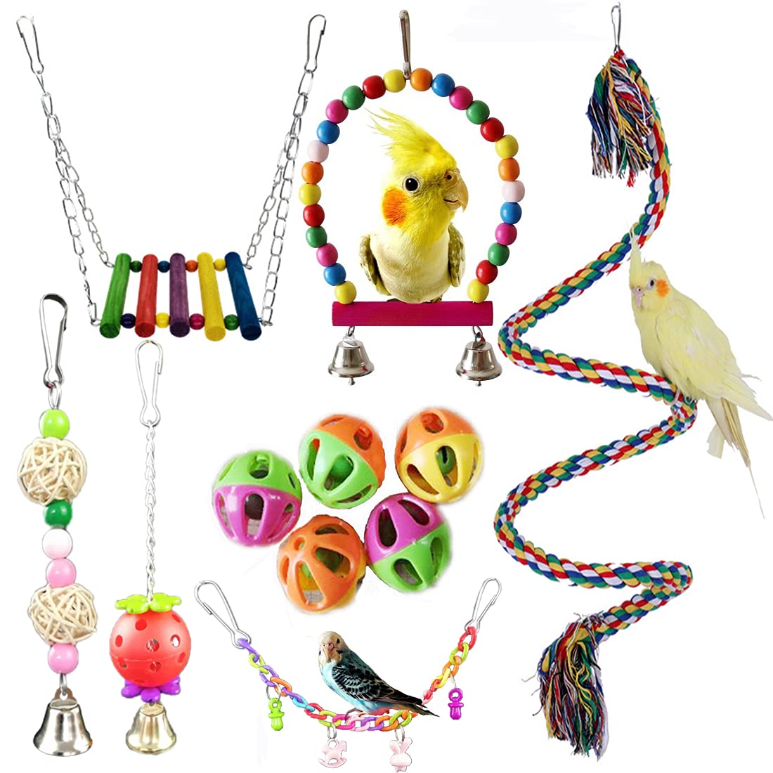 11 Pack Bird Toy Parrot Chewing Toys, Parrots Cage Toys, Parakeet Parrot Swing Chewing Hanging Toy for Small Parrots, Macaws, Parakeets, Conures, Cockatiel, Budgie and Love Birds