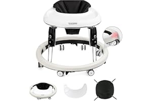 Uuoeebb Baby Walker with Wheels, Anti-Collision Design One-Touch Folding Baby Walker, Anti-Roll 8-Wheel Round Chassis, 7-Gear Height Adjustable, with Large Dinner Plate and Brake for Baby from 6-18M