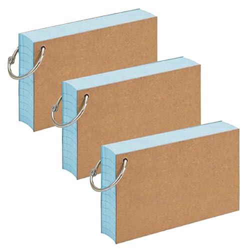 3PCS 150 Sheets Flash Revision Cards, 12.7 x 7.6 cm Blue Ruled Index Cards with 3 Binder Rings, Kraft Paper Notecard Flashcard Lined Index Record Card for Office School