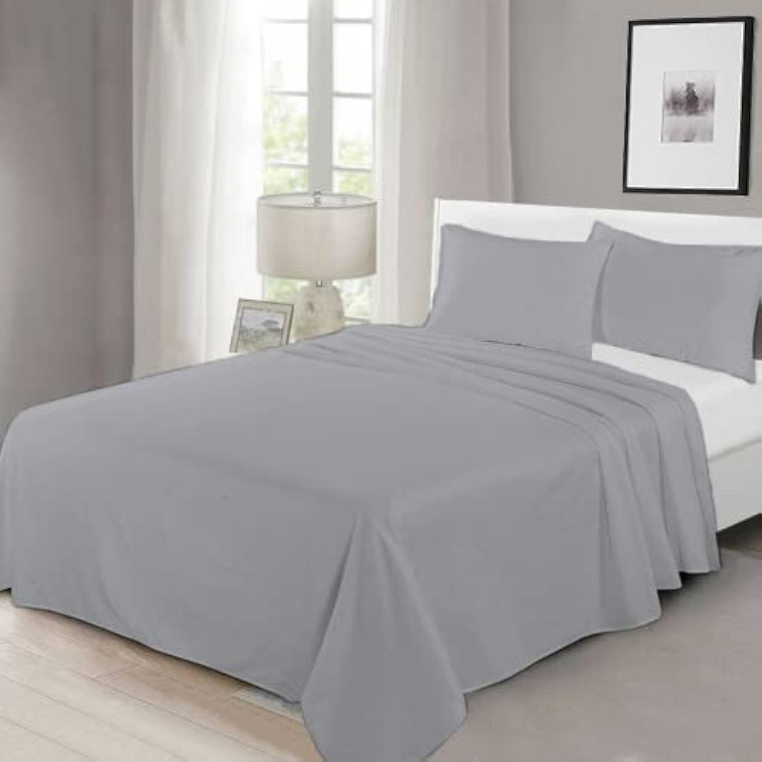 100% Egyptian Cotton Flat Sheet Super Soft Breathable Hypoallergenic Easy Care 200 Thread Count Bed Flat Sheet Hotel Quality Bedding Set (Silver, Double)