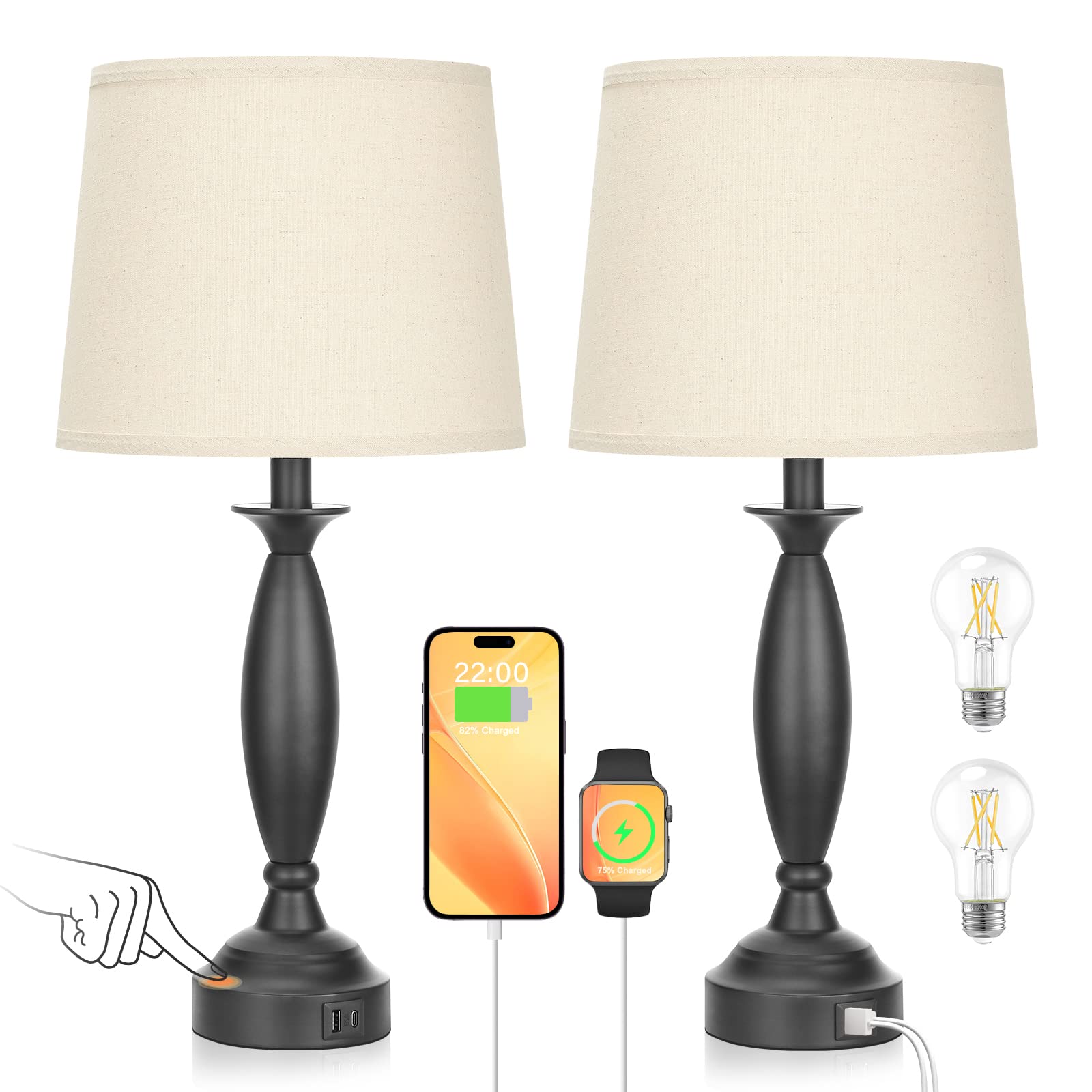 Photo 1 of Beige Lamps for Bedrooms Set of 2 - Touch Control Bedside Lamp with USB C+A, 3 Way Dimmable Nightstand Lamps with USB Port, Table Lamp for Living Room(Beige Shade and Black Base)