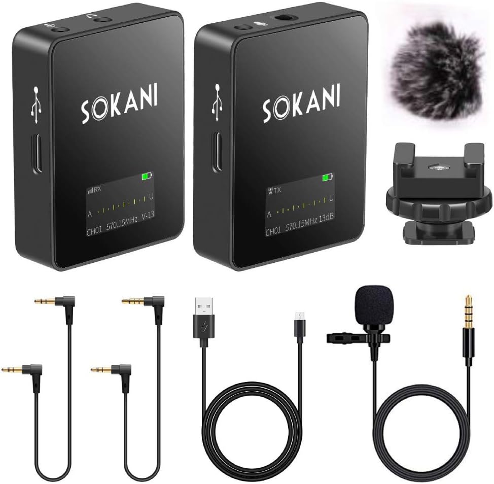 SOKANI Tiny UHF Wireless Lavalier Microphone System,Lapel Lav Mic Apply to DSLR Cameras iPhone Android Smartphone Camcorder YouTube Vlog Gimbal Interview