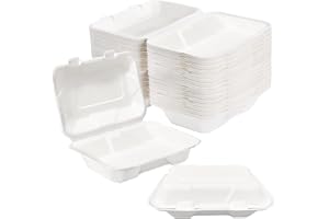 Packpact 9 X 6" Packs of 50pcs White 100% Compostable Rectangle Hinged Container, Single Compartment Clamshell Lunch Togo Tak