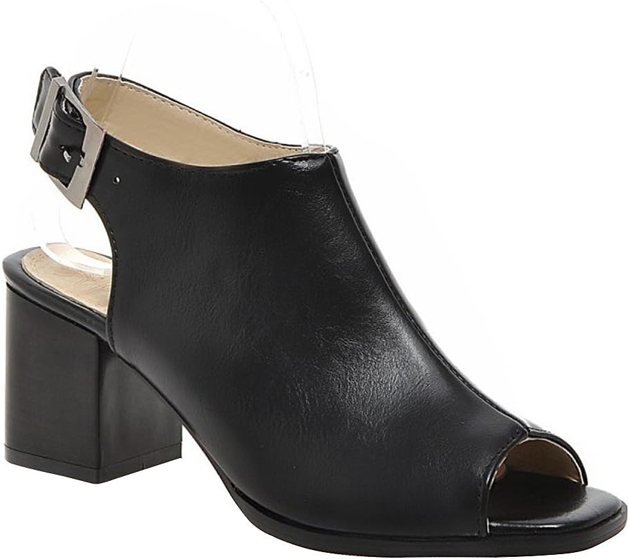 Milesline Fashion Women's Peep Toe Faux Leather Open Back Bootie Summer Buckle Chunky Heel Ankle Boot