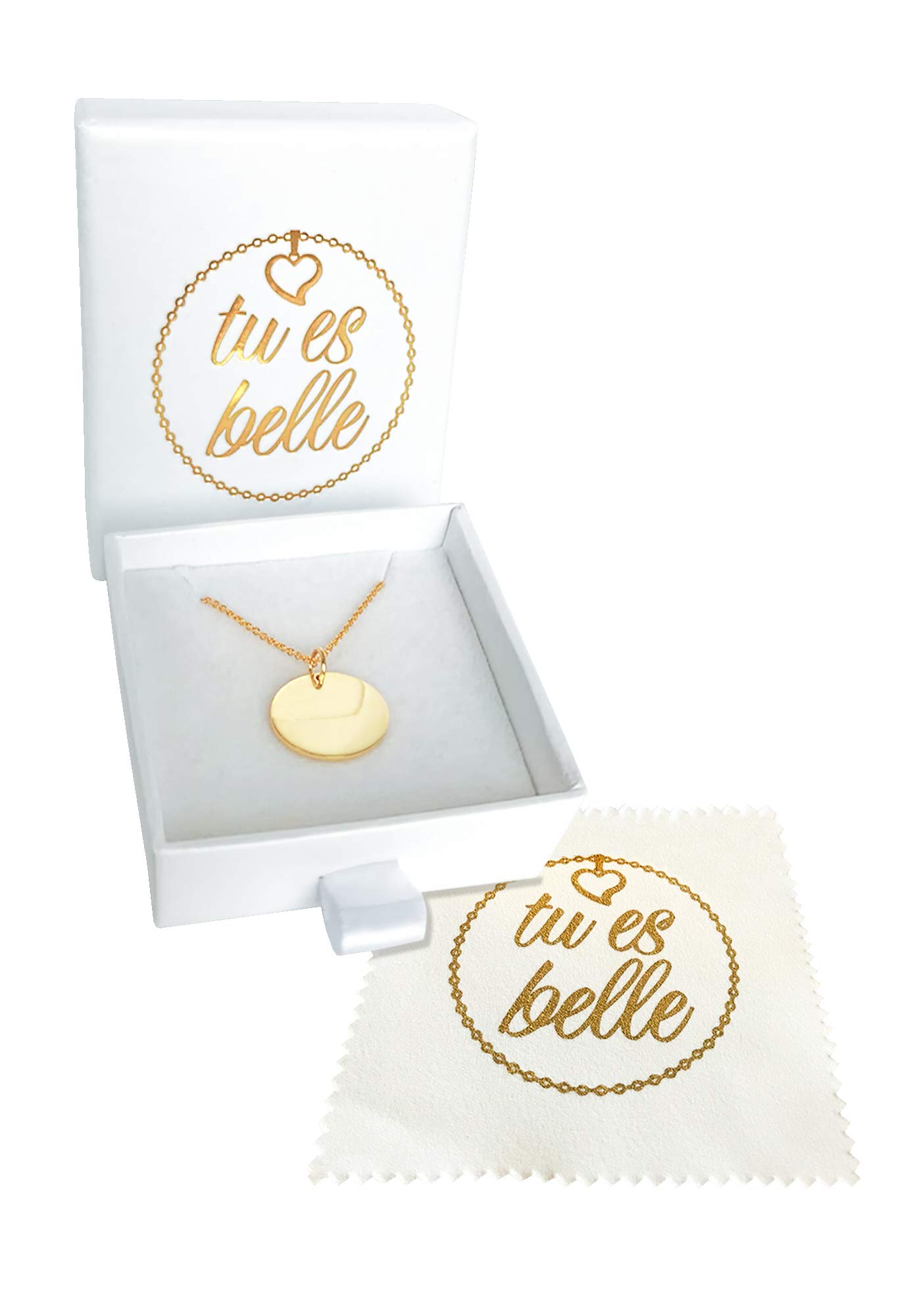 Premium Damen Kette mit Plättchen - JE T\'AIME mit 18k Gold vergoldet, Frauen Halskette mit rundem Anhänger, Plättchenkette, Goldkette, Ausgefallenes Geschenk| GRATIS Geschenk! (Gold (Weiße Box))