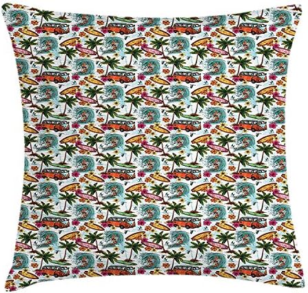 Yinorz Surf Throw Pillow Cushion Cover, Sixties Style Van Surfboards and Palm Trees Pattern Colorful Tropical Summer Holiday, Decorative Square Accent Pillow Case, 18 X 18 Inches, Multicolor