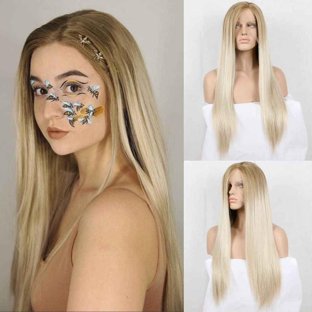 Blonde Lace Front Wigs for Women Long Straight Dark Blonde Ombre Pastel Blonde Synthetic Wig Heat Resistant Fiber Hair Wigs 24"