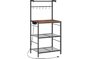 MAHANCRIS Bakers Rack with Storage, Microwave Stand with Power Outlet, Kitchen Storage Shelf with 6 Hooks, Coffee Bar Station 4 Tier, for Kitchen, Dining Room, Rustic Brown BRHR35E01