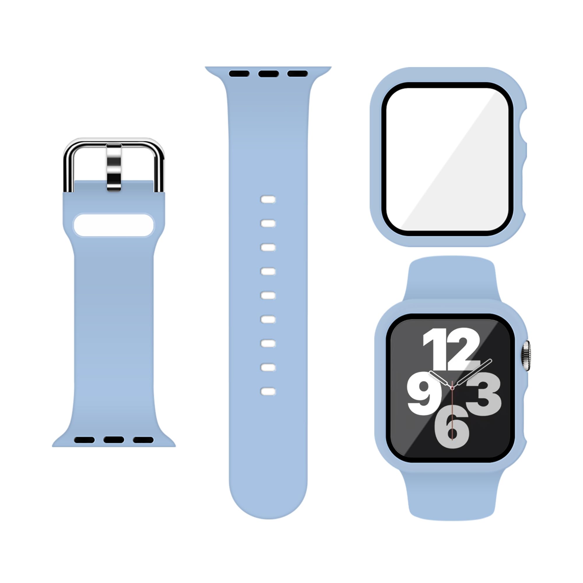 XFEN Sport Silicone M/L Size Band and Case with Screen Protector for Apple Watch SE(Gen 1/2/3) Series 4/5/6 40mm - Light Blue