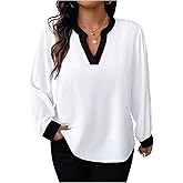 SOLY HUX Women's Plus Size Tops Notched V Neck Long Sleeve Color Block Casual Work Blouse