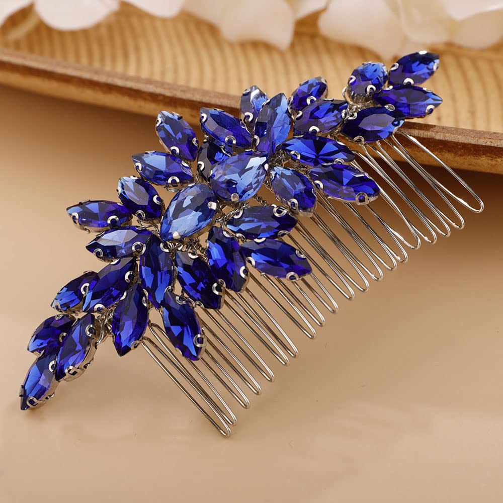 Chargances Crystal Bridal Hair Comb Royal Blue Wedding Rhinestonel Hair Side Comb Fashion Hair Clip Handmade Hair Accessories for Bride Wedding Prom Flower Girl Headpieces (Royal Blue), 1.0 count