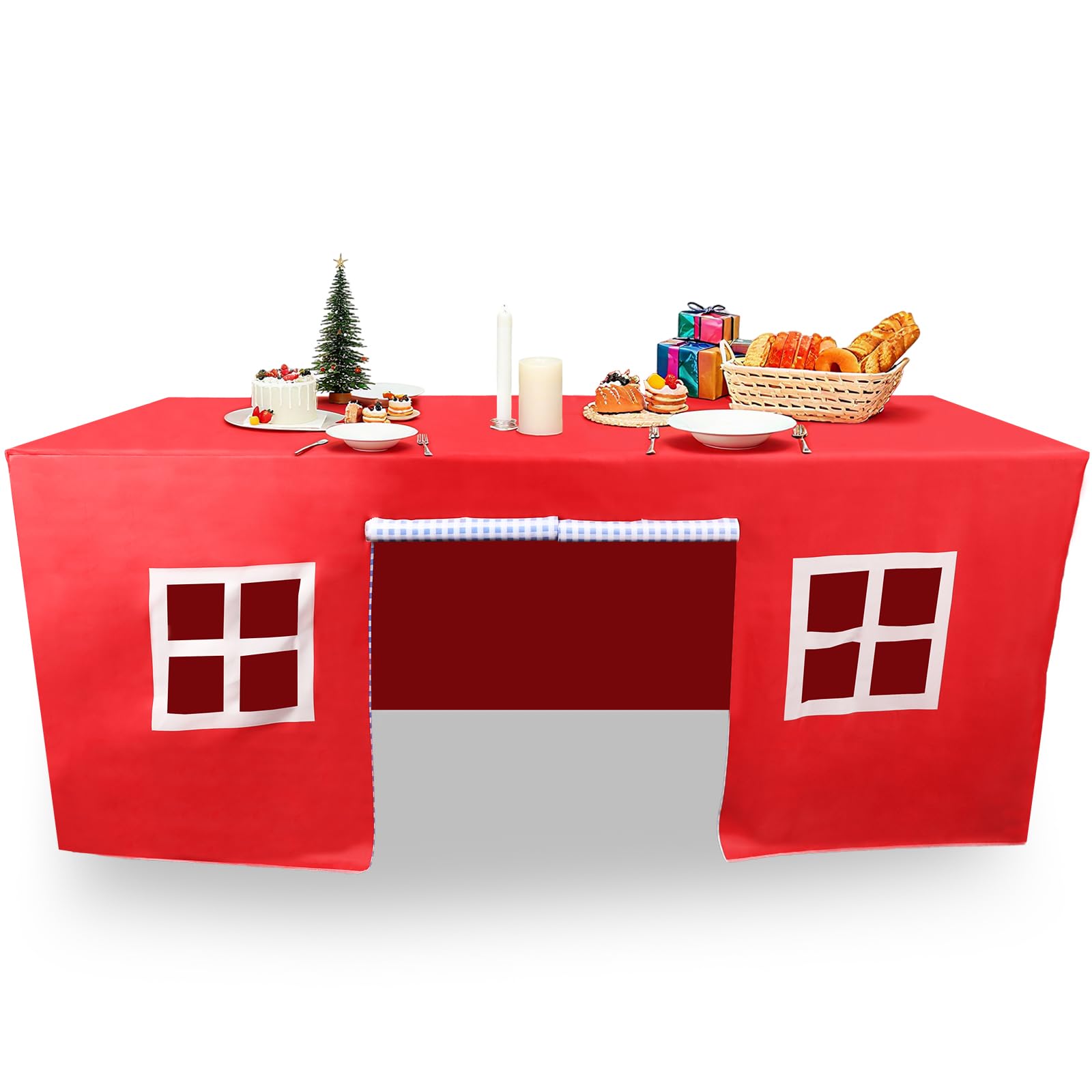Photo 1 of 6 FT Christmas Party Table Cover for Kids Christmas Tablecloth Washable Fabric Polyester Red Rectangle Xmas Decorations for Birthday Party Playground Indoor Girl Toddler Boy Room Play Accessory