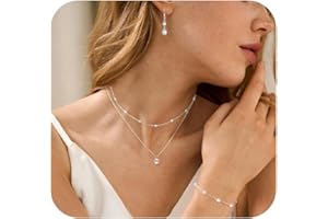 DIBOLA Gold Jewelry Set for Women, Dainty Layered Necklaces 14K Gold/Silver Pearl Necklaces for Women Pearl Necklace and Earring Set Pearl Earrings Pearl Bracelets Pearl Choker Wedding Bride Jewelry