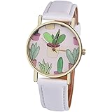 Wensltd Women Classy Cactus Pattern Plant Leather Band Analog Quartz Vogue Wrist Watch (White)