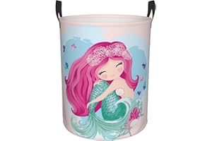 Gbuzozie 38L Round Laundry Hamper Cute Mermaid Girl Storage Basket Waterproof Coating Organizer Bin For Nursery Clothes Toys