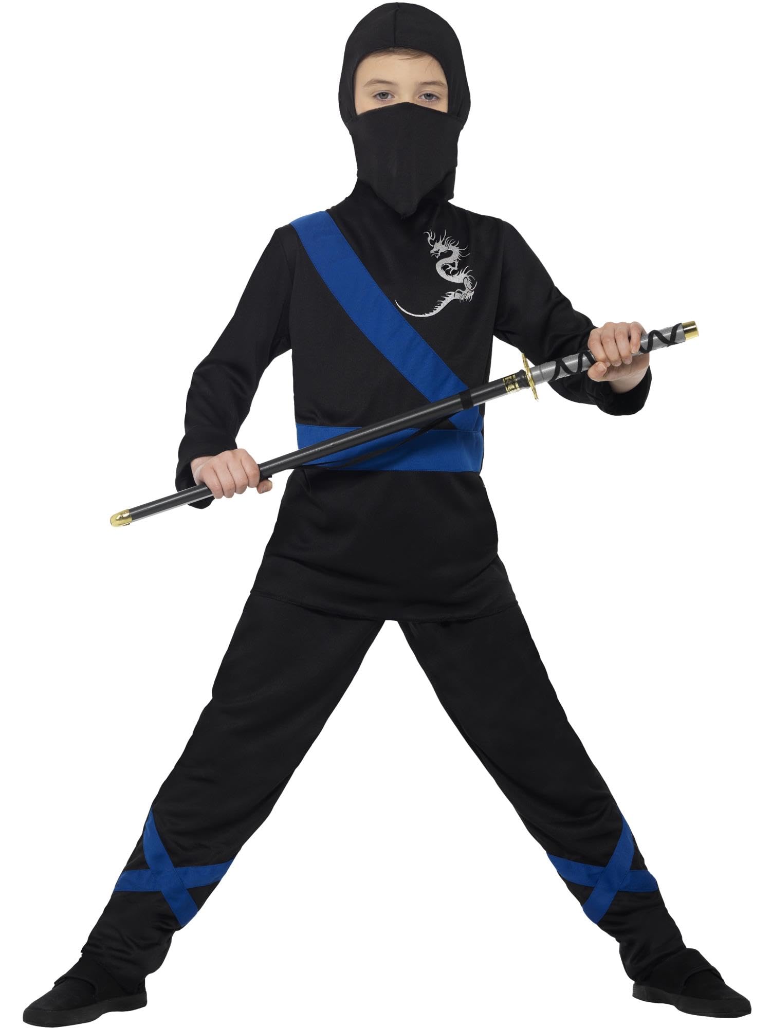 Smiffys Ninja Assassin Costume, Black & Blue with Hood, Mask, Top & Trousers, Fancy Dress, Child Dress Up Costumes
