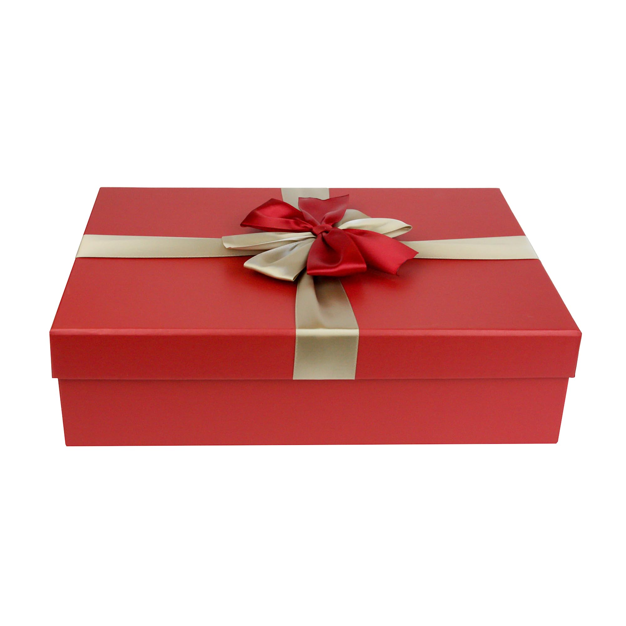 Emartbuy Rigid Gift Box, 31.5 x 23 x 8.5 cm, Red Box with Lid, Brown Interior and Gold Red Decorative Ribbon and 50g Shredded Paper in Black